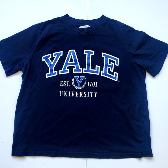 Women's YALE T-shirt Navy Blue Short Sleeve Boyfriend Boxy Tee Academia sz Large - Picture 1 of 6